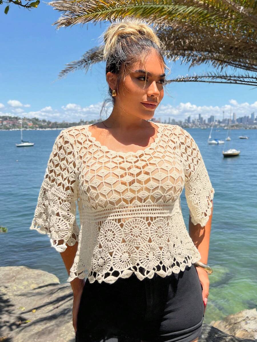 Women Sun Protection Shirt Crochet Hollowed Out Top Cover Bella Mia