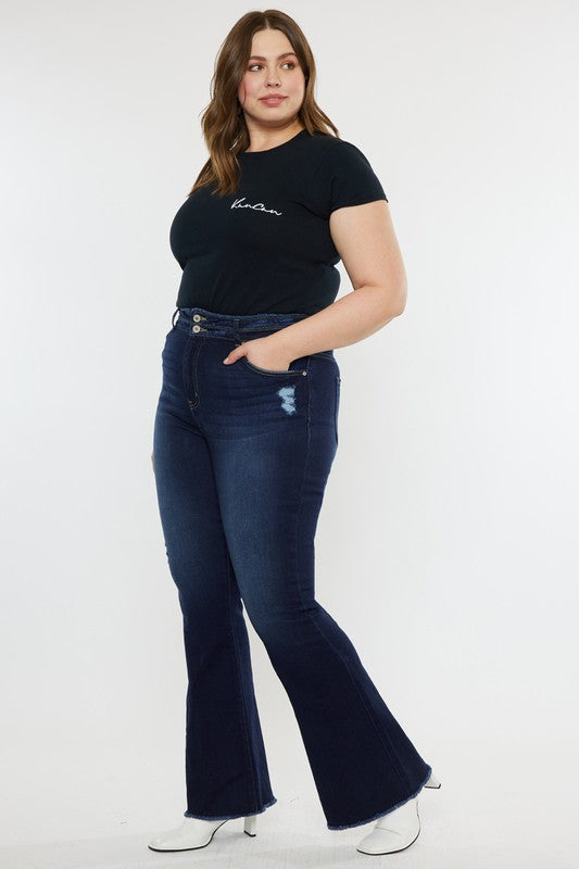 Plus High Rise Double WB Fray Hem Flare Jeans KanCan Coco’s Tee Boutique