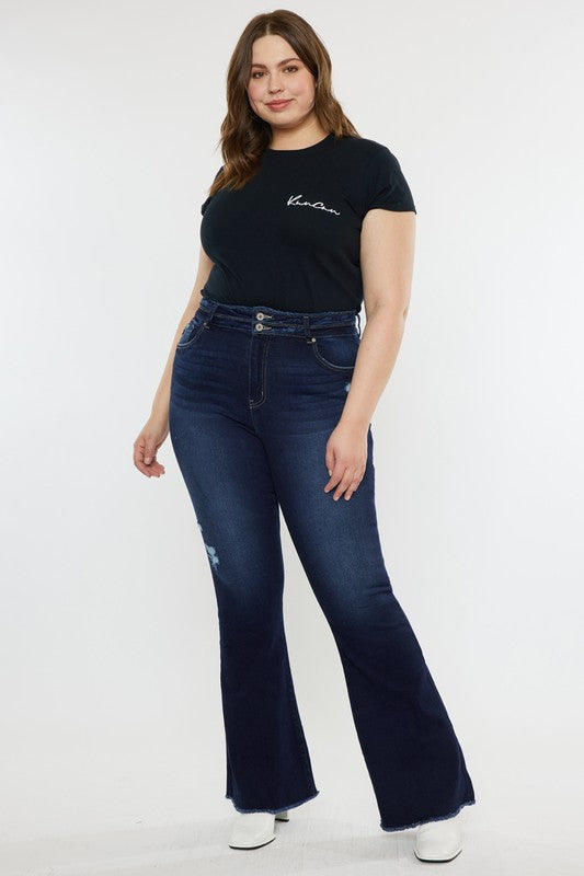 Plus High Rise Double WB Fray Hem Flare Jeans KanCan Coco’s Tee Boutique