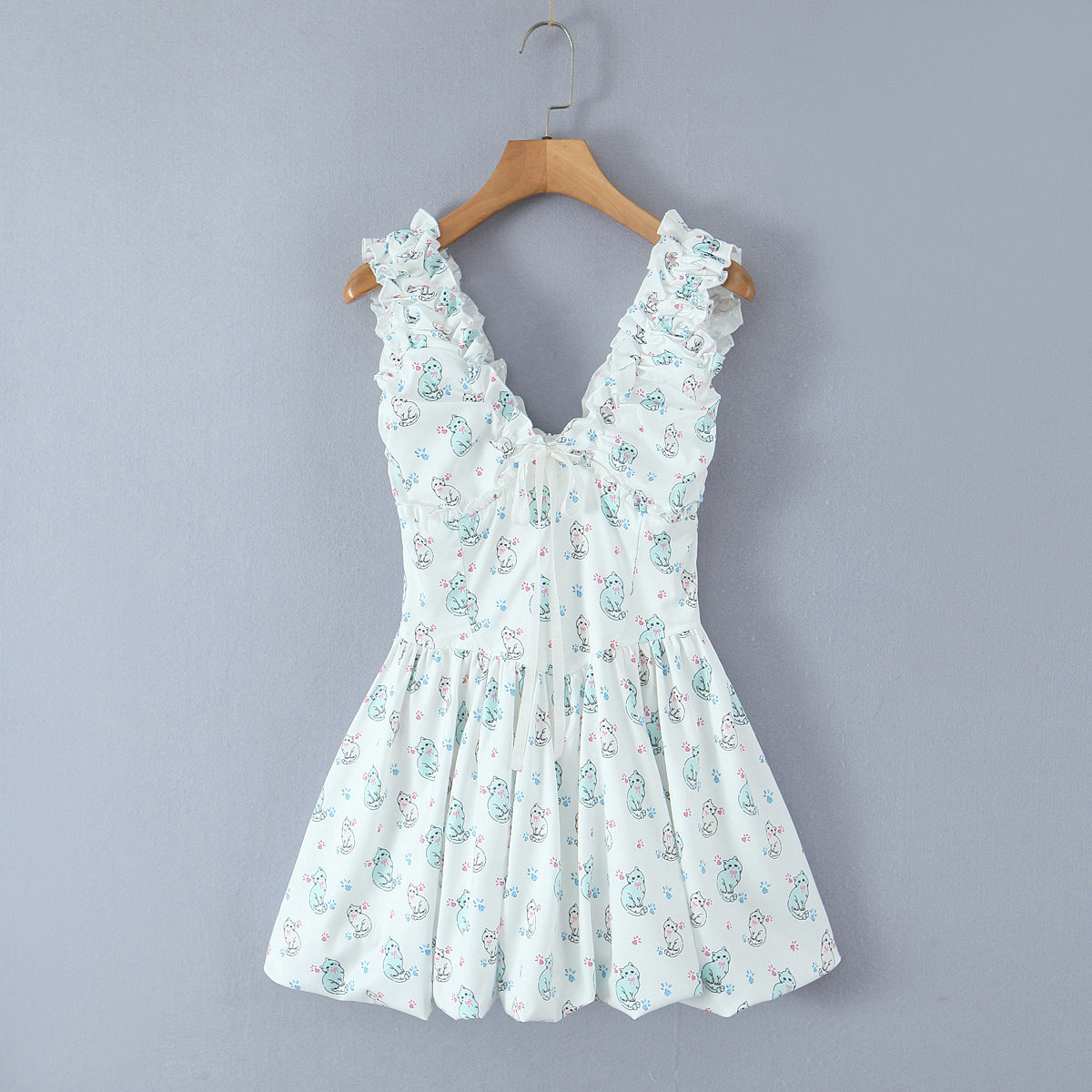 Spring Summer Women Clothing Sexy Fresh Printed V neck Tulle Dress Bella Mia