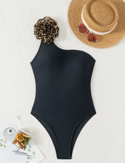 OnePiece Swimsuit Women One Shoulder Leopard Figure Solid Color Tight One Piece Swimsuit Bella Mia