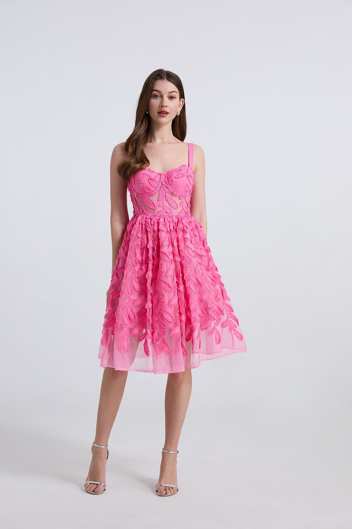 Women Embroidered Lace Mesh Slim Fit Fishbone Wire Halter Top Swing Multi Layered Dress Bella Mia