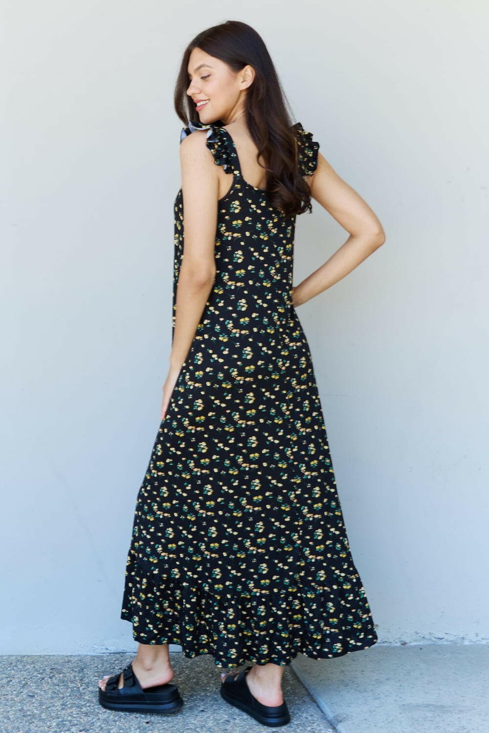 Doublju In The Garden Ruffle Floral Maxi Dress in  Black Yellow Floral.