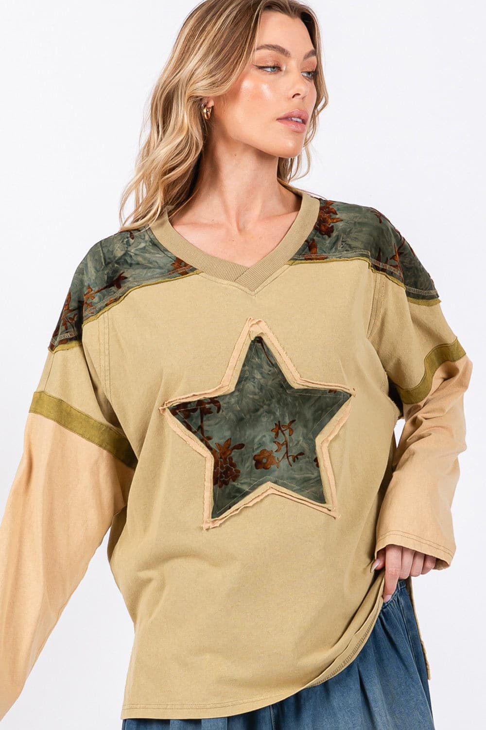 SAGE + FIG Star Patch Long Sleeve Color Block T-Shirt.