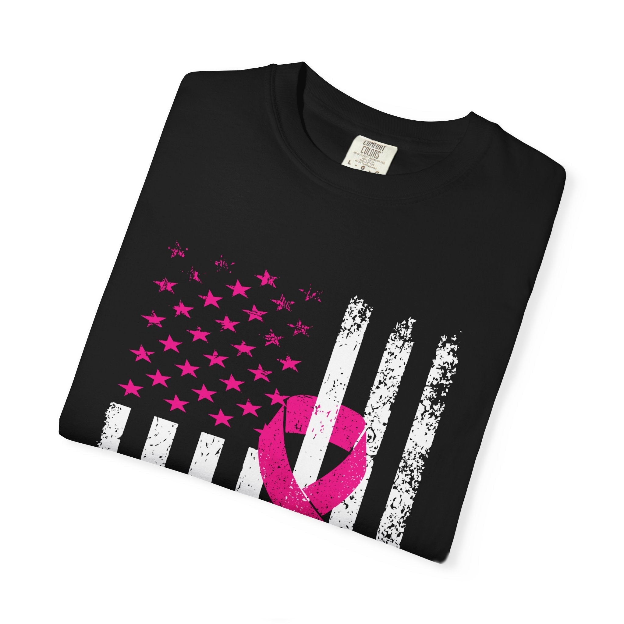 Unisex Breast Cancer Awareness Flag Tee With Distressed US Flag And Pink Ribbon Garment Dyed In Graphite Or Black Coco’s Tee Boutique