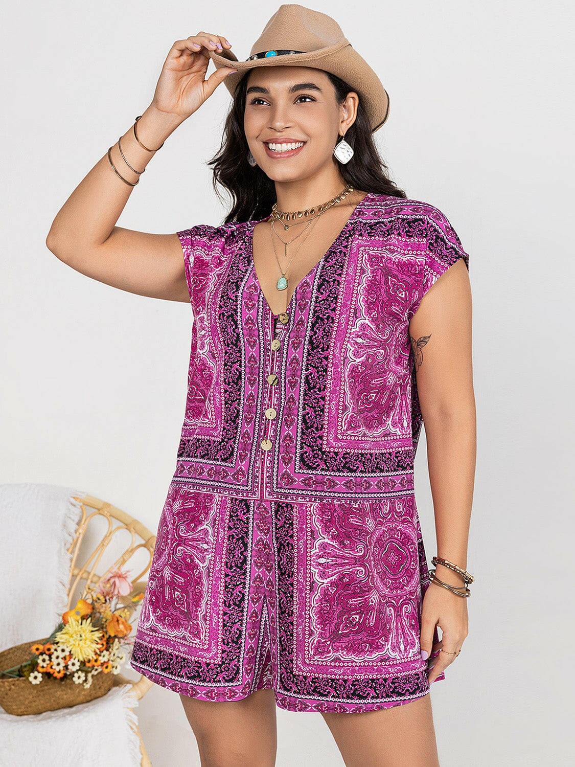 Plus Size Printed V-Neck Cap Sleeve Romper.