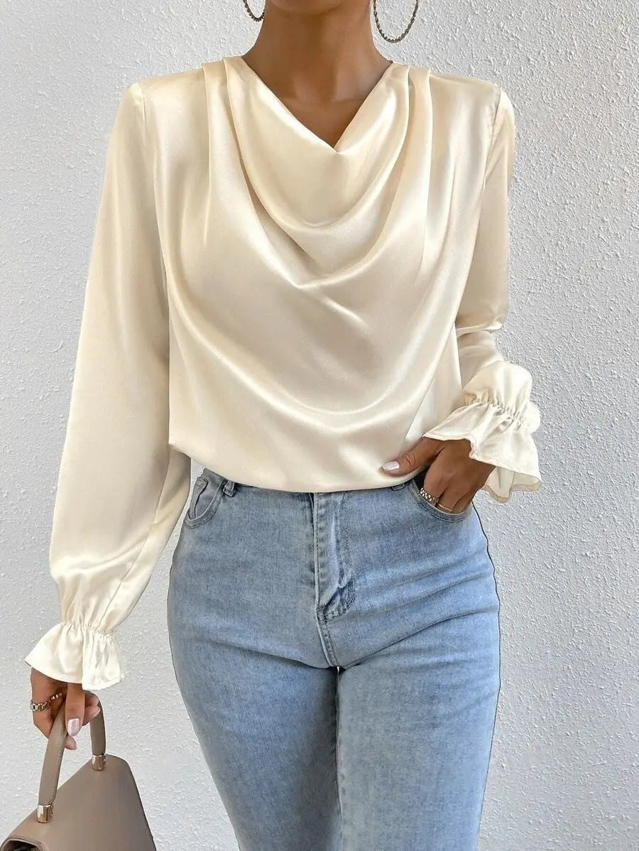 Elegant Panelled Long Sleeve Satin Shirt For Women With Cowl Neck Bella Mia