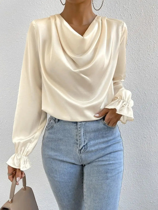 Elegant Panelled Long Sleeve Satin Shirt For Women With Cowl Neck Bella Mia