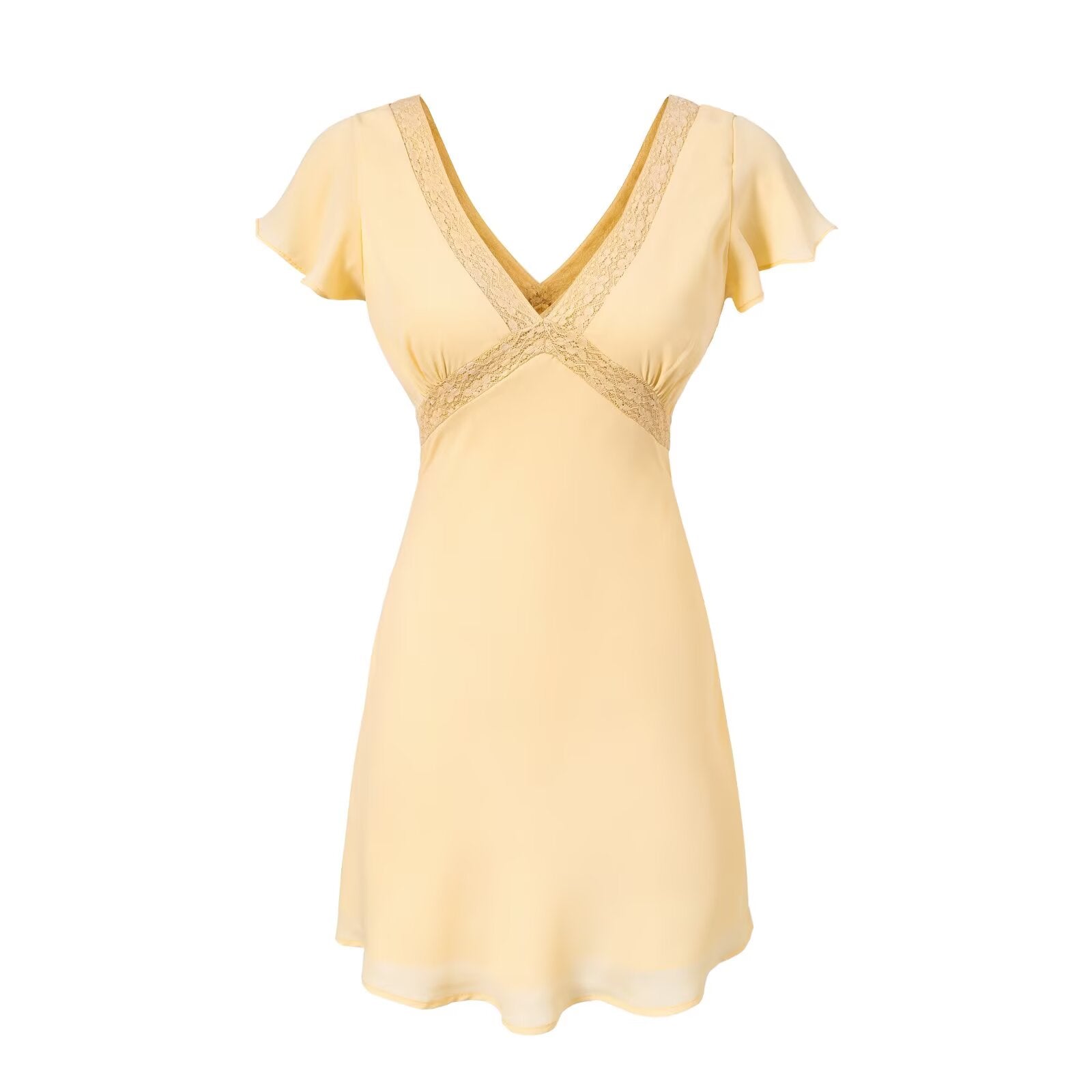 Spring Retro Debutante Classical Lace Stitching V neck Short Sleeve Dress