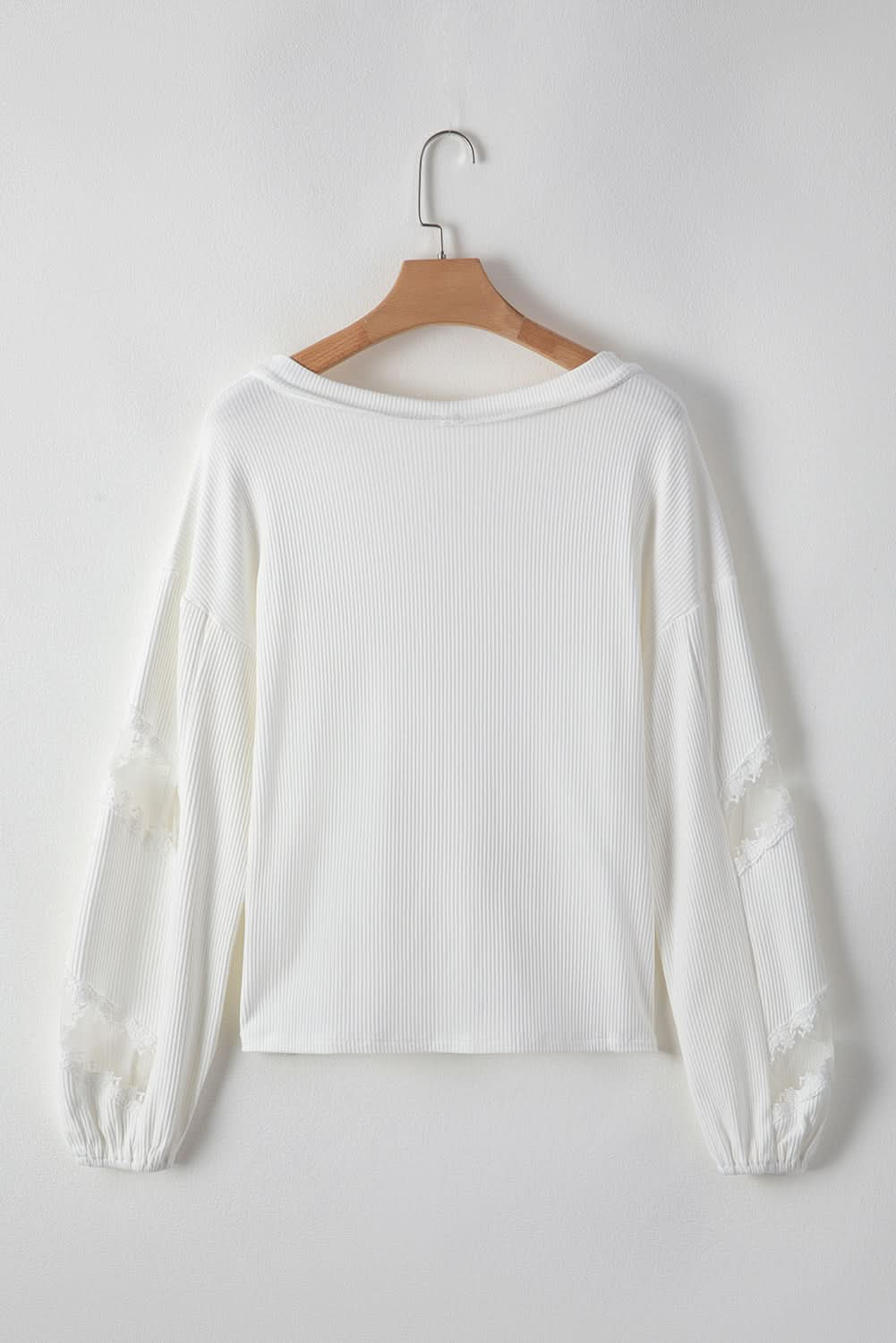 Lace Trimmed Ribbed Drop Sleeve Blouse