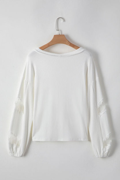 Lace Trimmed Ribbed Drop Sleeve Blouse