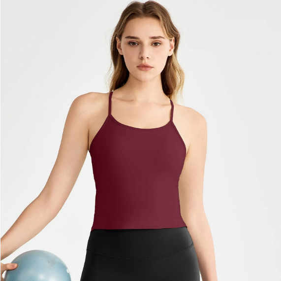 Spring Summer Cool Feeling Spaghetti Strap Yoga Vest Women Beauty Back Dovetail Split Sling Fixed Cup Breathable Workout Clothes Top
