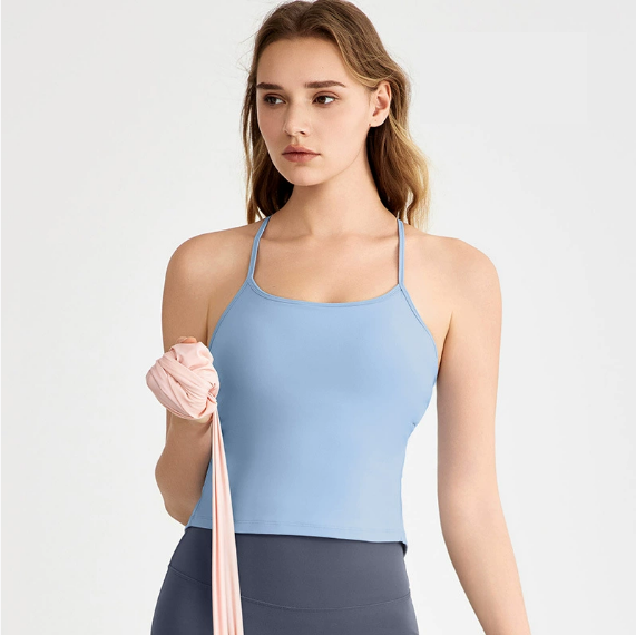 Spring Summer Cool Feeling Spaghetti Strap Yoga Vest Women Beauty Back Dovetail Split Sling Fixed Cup Breathable Workout Clothes Top Bella Mia