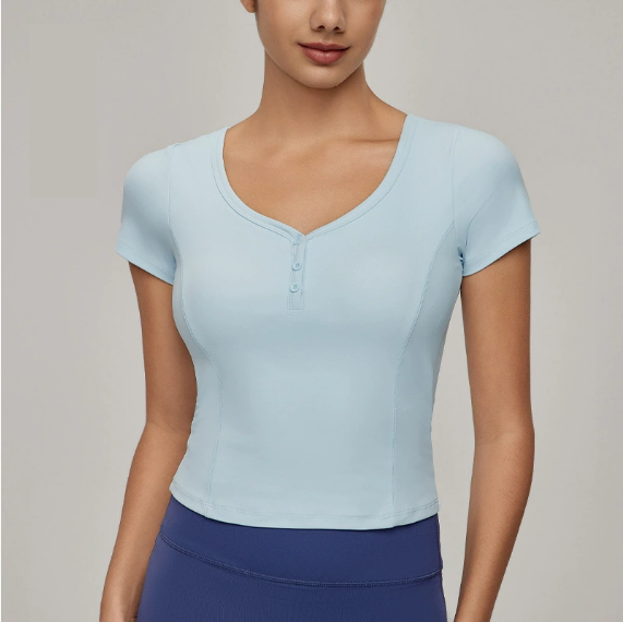 Slim Fit Yoga T shirt Women Princess Line Waist Tight Sports Short Sleeve Peach Collar Tight Fitness Top Bella Mia
