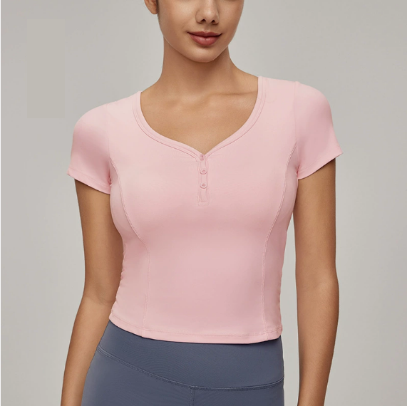 Slim Fit Yoga T shirt Women Princess Line Waist Tight Sports Short Sleeve Peach Collar Tight Fitness Top Bella Mia