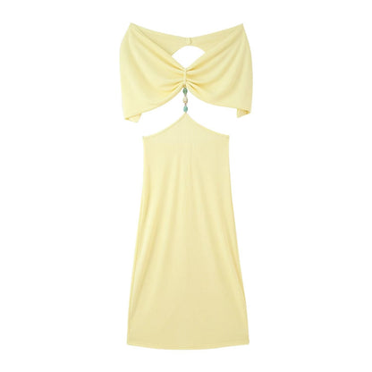 Women Clothing French Simple Sexy Backless Beads Dress