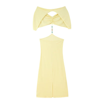 Women Clothing French Simple Sexy Backless Beads Dress