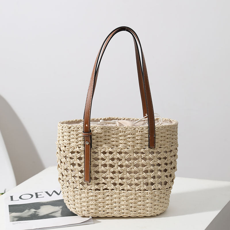 Straw Woven Bag Women Hollow Out Cutout Handmade Straw Bag Woven Bag Shoulder Portable Straw Weaved Bag Seaside Vacation Beach Bag Bella Mia