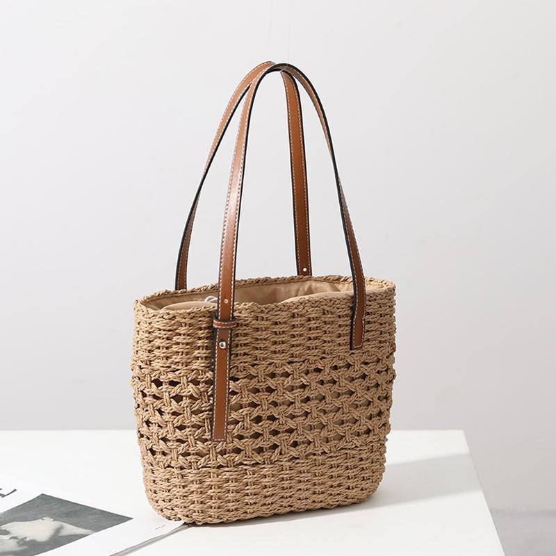 Straw Woven Bag Women Hollow Out Cutout Handmade Straw Bag Woven Bag Shoulder Portable Straw Weaved Bag Seaside Vacation Beach Bag Bella Mia
