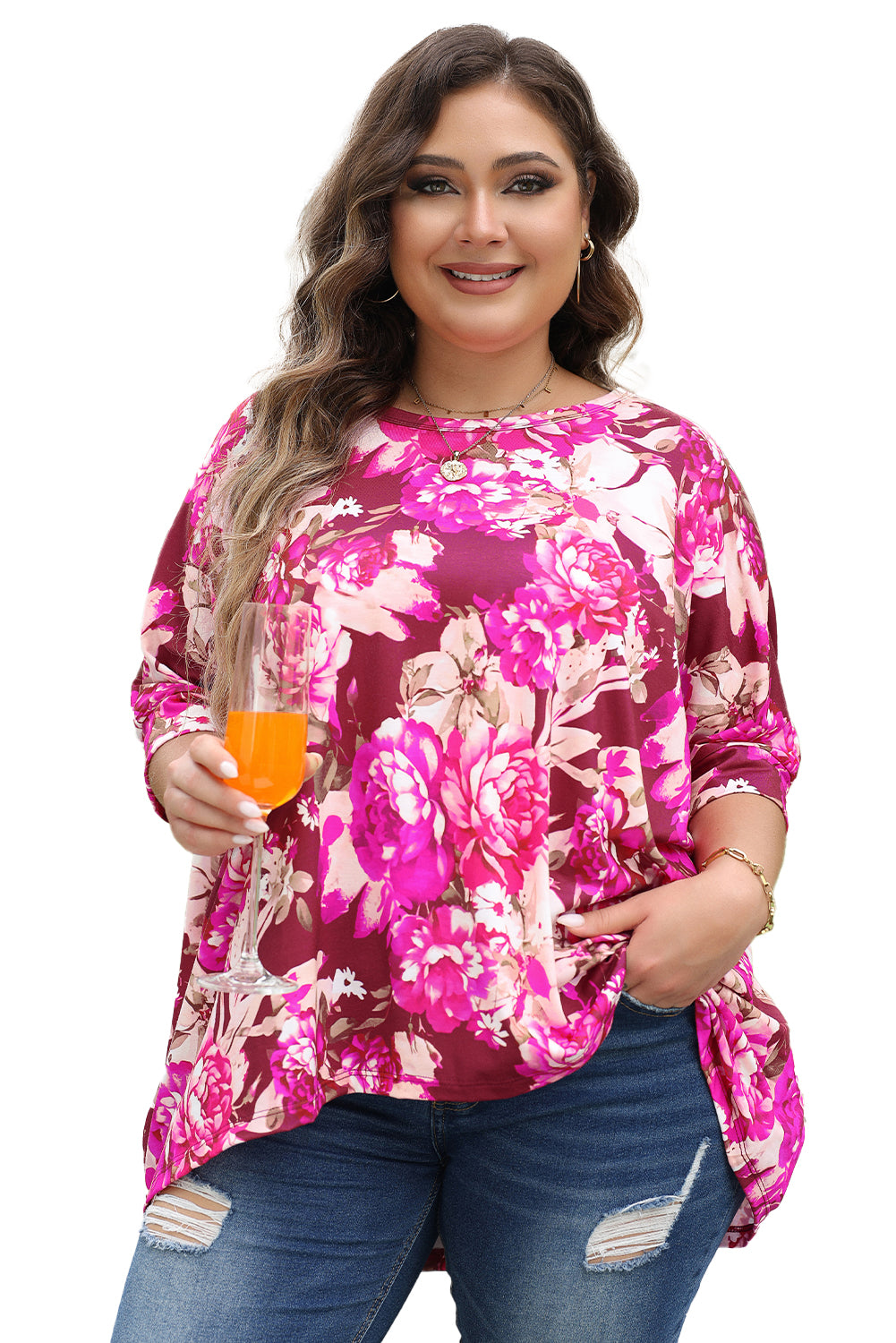 Vibrant red floral plus size blouse