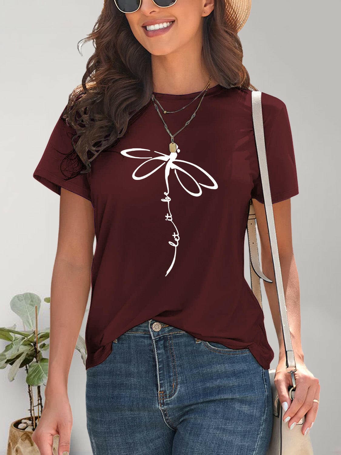 Dragonfly Graphic Round Neck Short Sleeve T-Shirt.