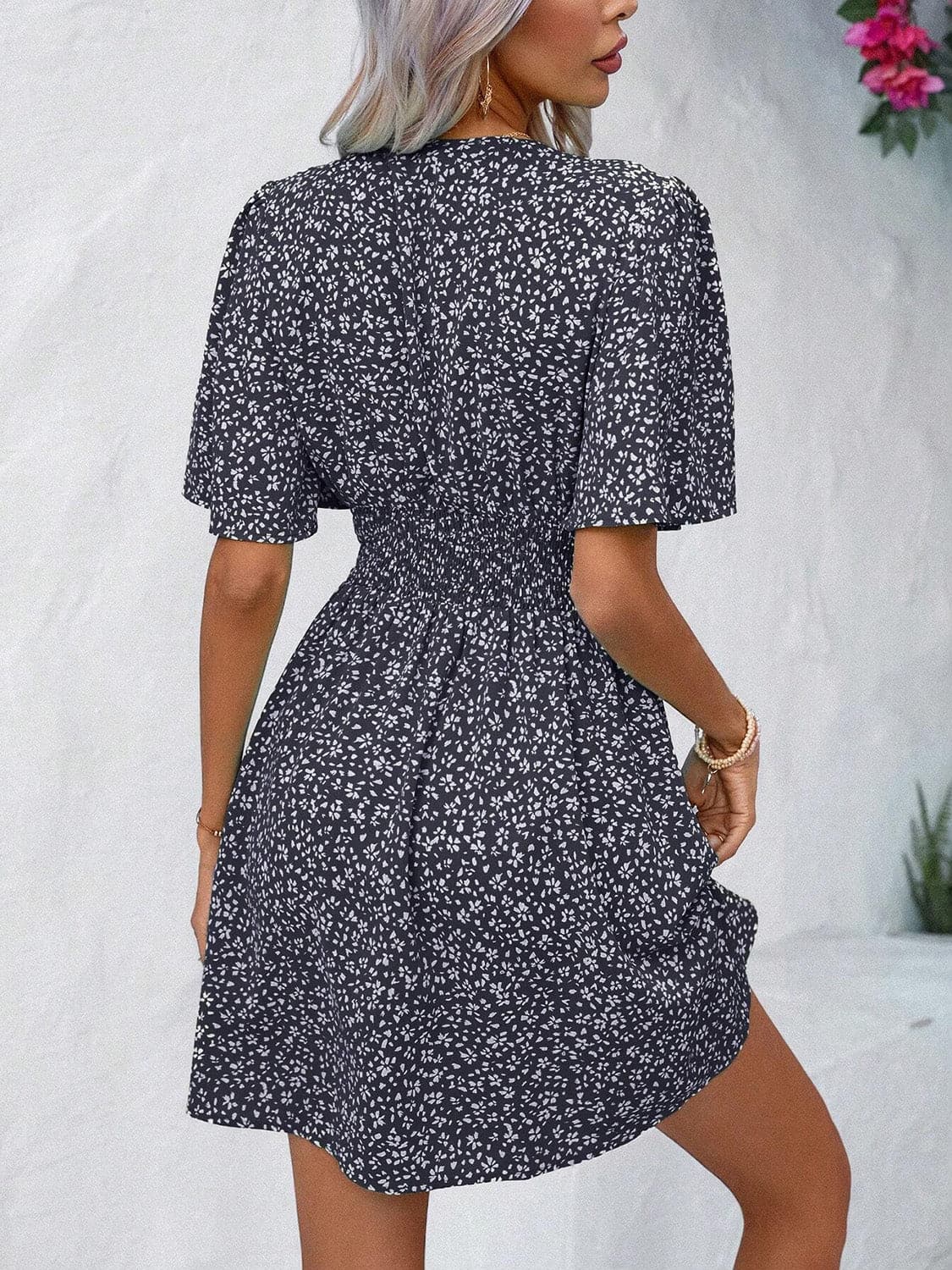 Printed V-Neck Half Sleeve Mini Dress.