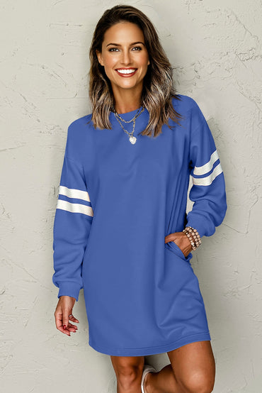Sky Blue Varsity Sleeve Contrast Shift Sweatshirt Dress