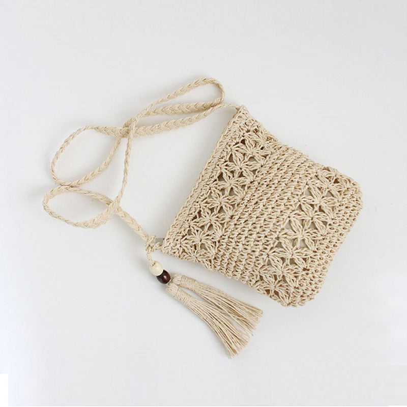 Wooden Bead Tassel Straw Bag Hollow Out Cutout Floral Crossbody Bag Tassel Straw Bag Woven Bag Holiday Beach Bag Bella Mia