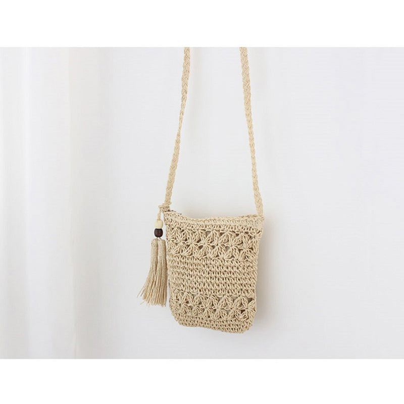 Wooden Bead Tassel Straw Bag Hollow Out Cutout Floral Crossbody Bag Tassel Straw Bag Woven Bag Holiday Beach Bag Bella Mia