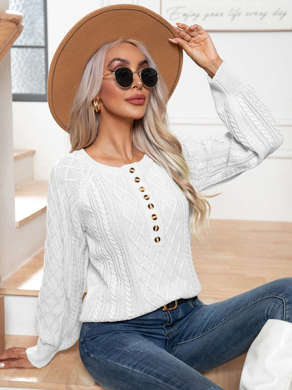 Cable-Knit Round Neck Buttoned Sweater.