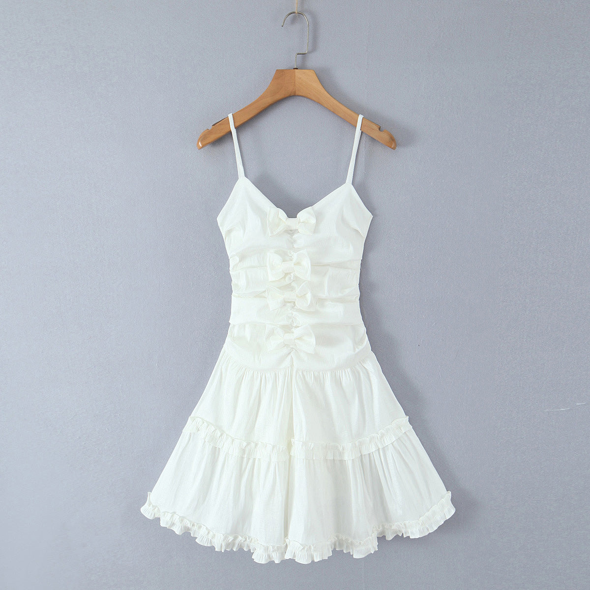 Sweet White Bow Layered Slim Mini Dress Women Summer Sexy Suspenders Puff Short Dress