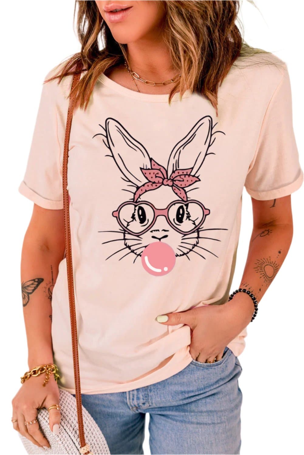 Rabbit Graphic Round Neck Short Sleeve T-Shirt.