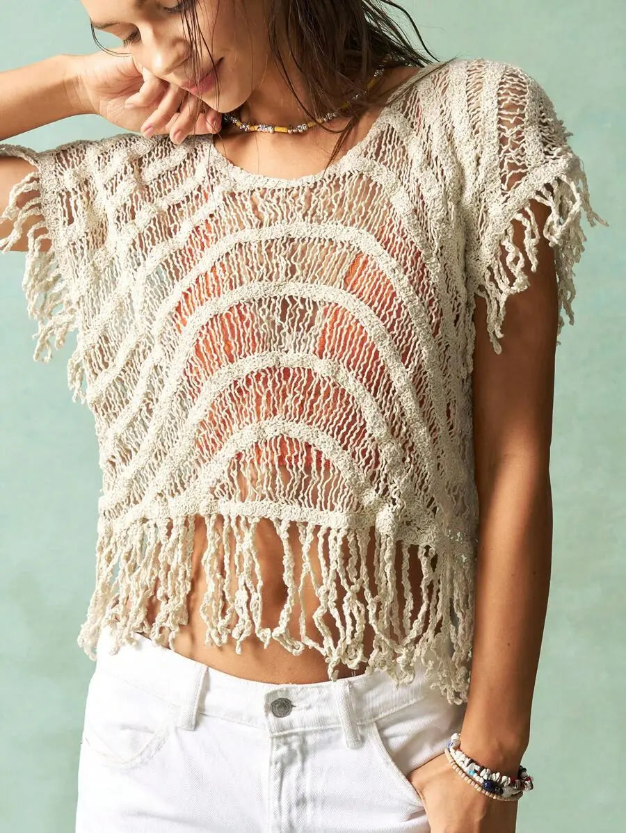 Woomen Crochet Hollowed Out Knitted Tassel Vest Smock Sun Protective Top Bella Mia