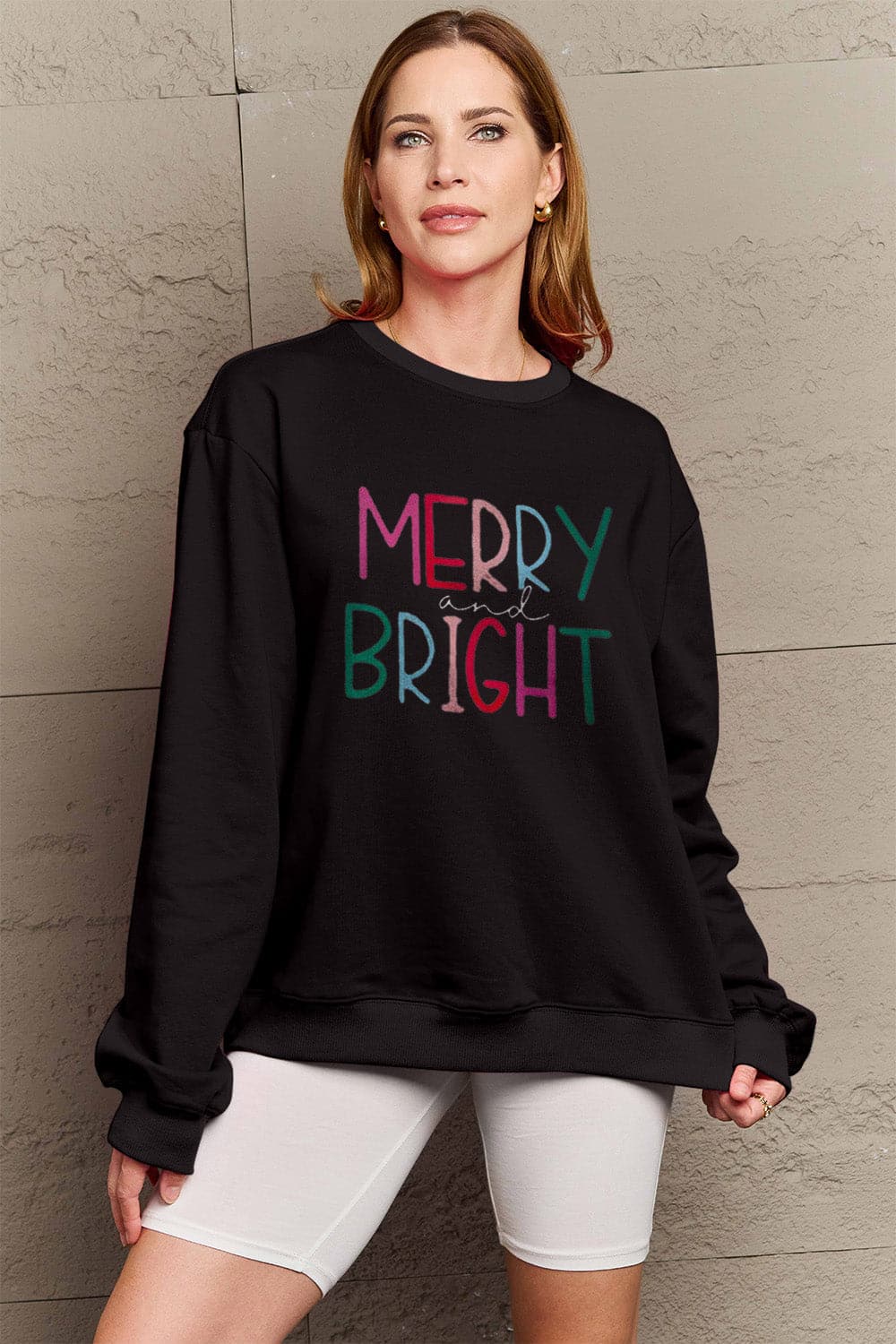 Simply Love Full Size MERRY AND BRIGHT Graphic Sweatshirt.