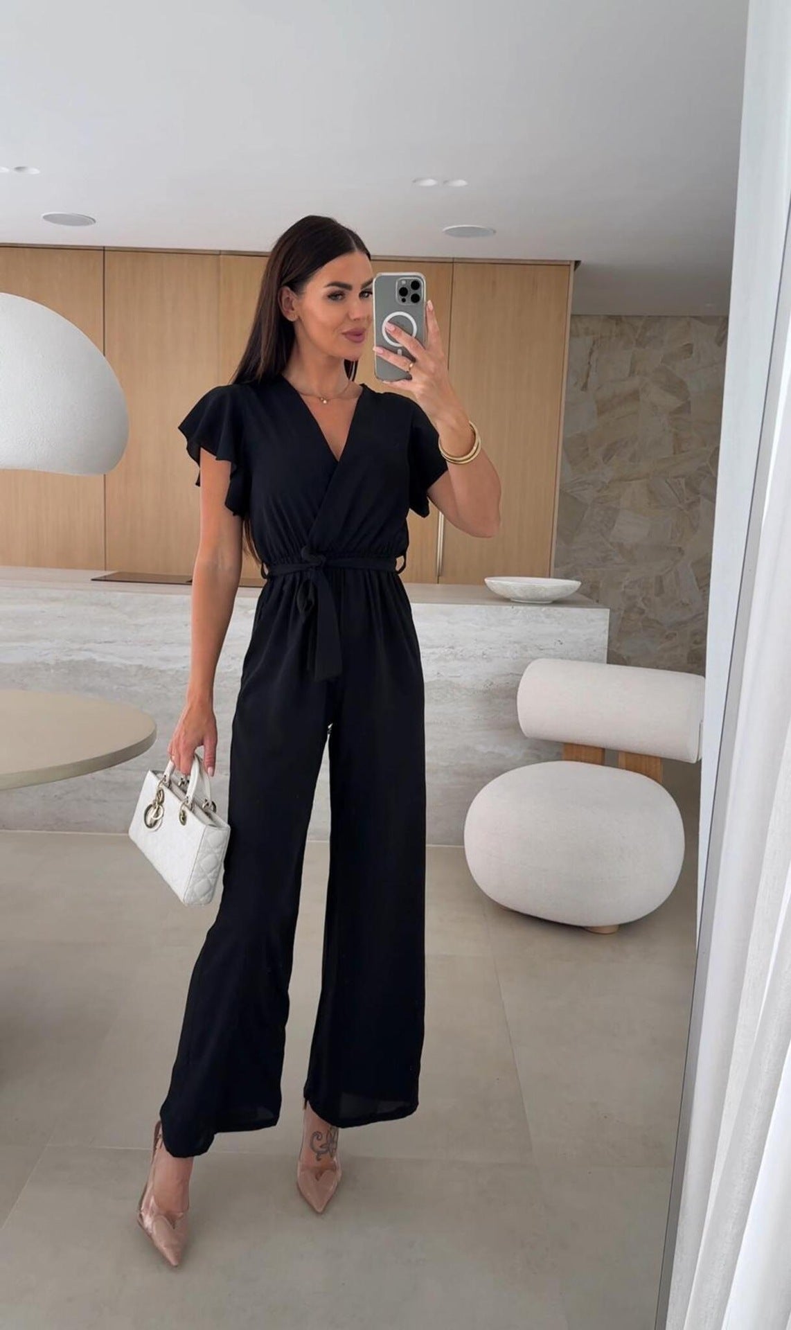 Summer Women Clothing V neck Waist Controlled Lace up Solid Color Jumpsuit Trousers Bella Mia