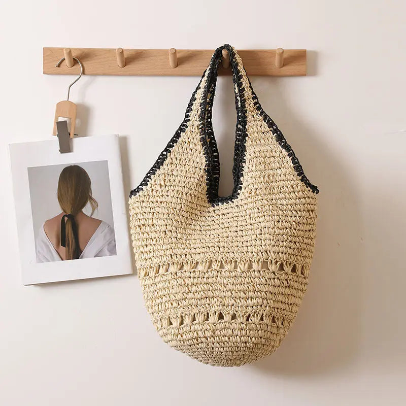 Large Capacity One Shoulder Straw Bag Casual Hollow Out Cutout Portable Straw Bag Woven Bag Women Seaside Vacation Beach Bag Bella Mia