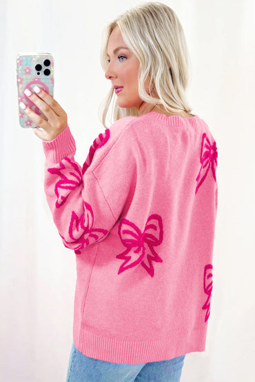 Feminine Pink Bow Print Loose Fit Sweater with Drop Shoulders