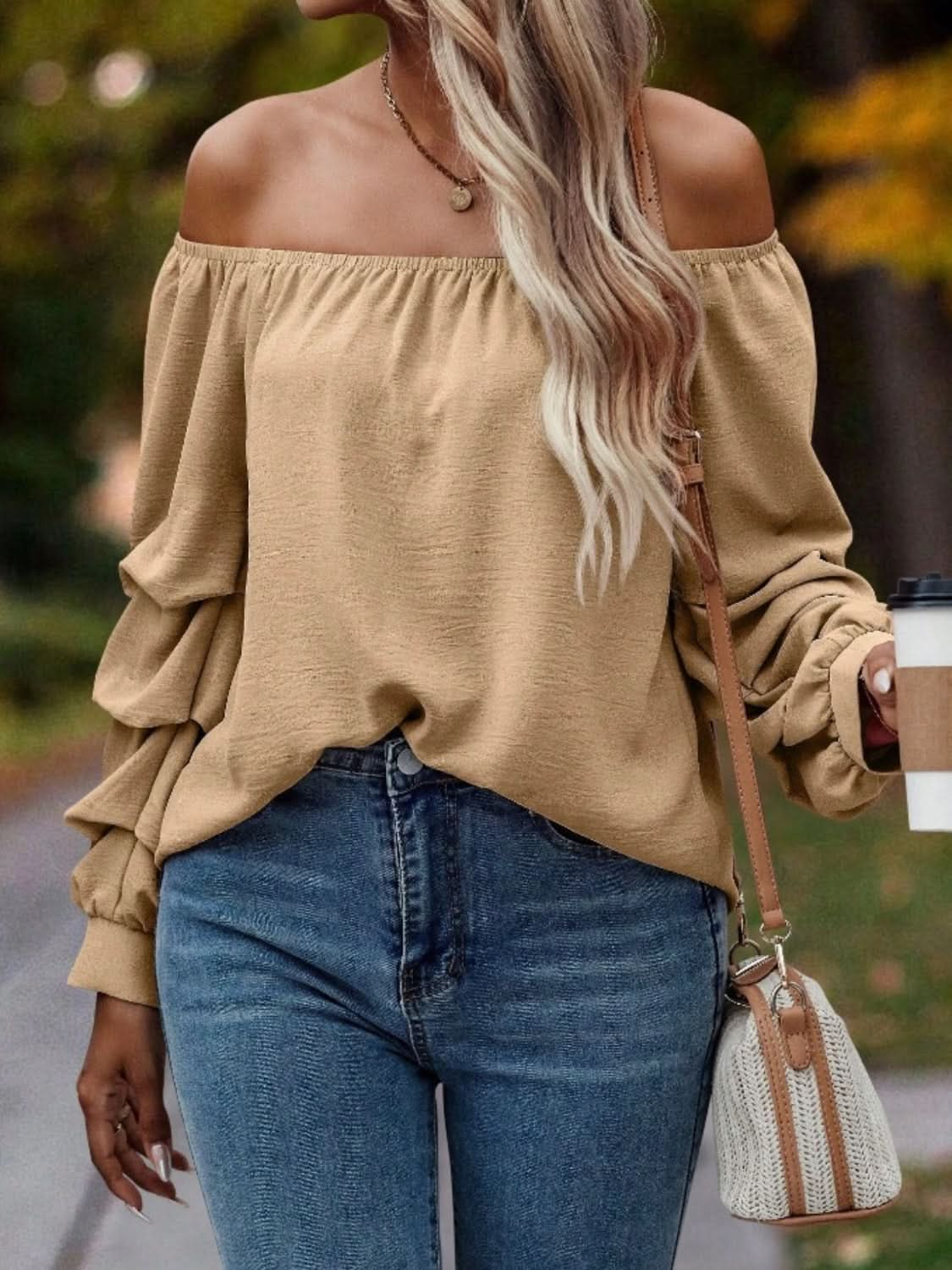 Ruched Off-Shoulder Long Sleeve Blouse