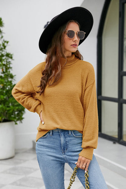 Mock Neck Dropped Shoulder Long Sleeve Sweater.