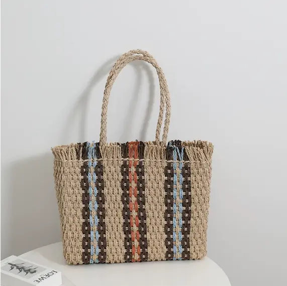 Vertical Stripes Straw Bag Woven Tote Women Large Capacity Beach Shoulder Bag Bella Mia