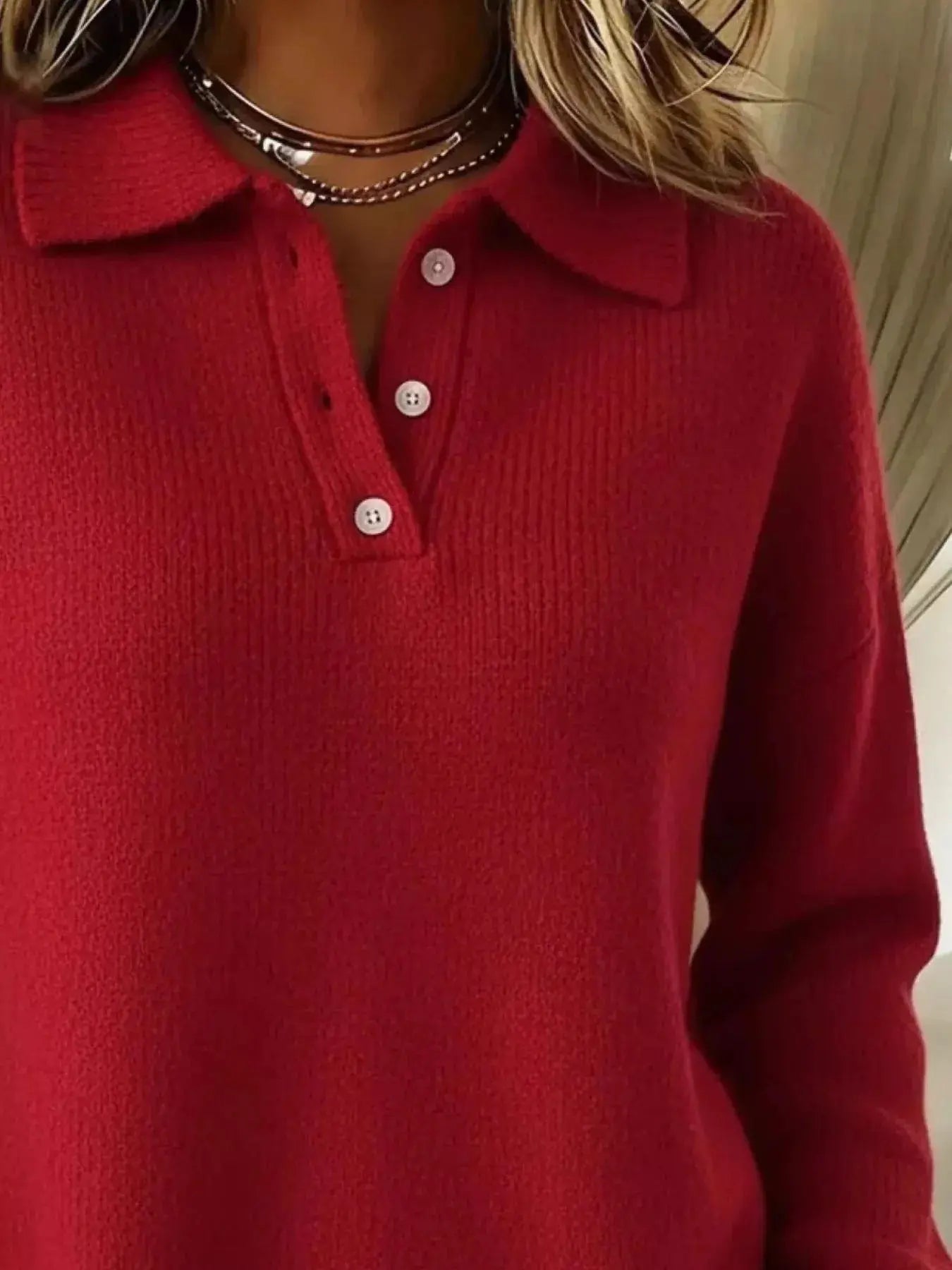 Full Size Half Button Collar Drop Shoulder Sweater Plus Size Simply Love