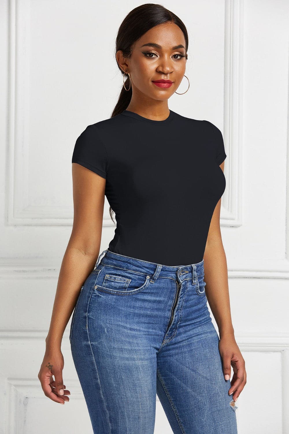 Round Neck Short Sleeve Bodysuit.