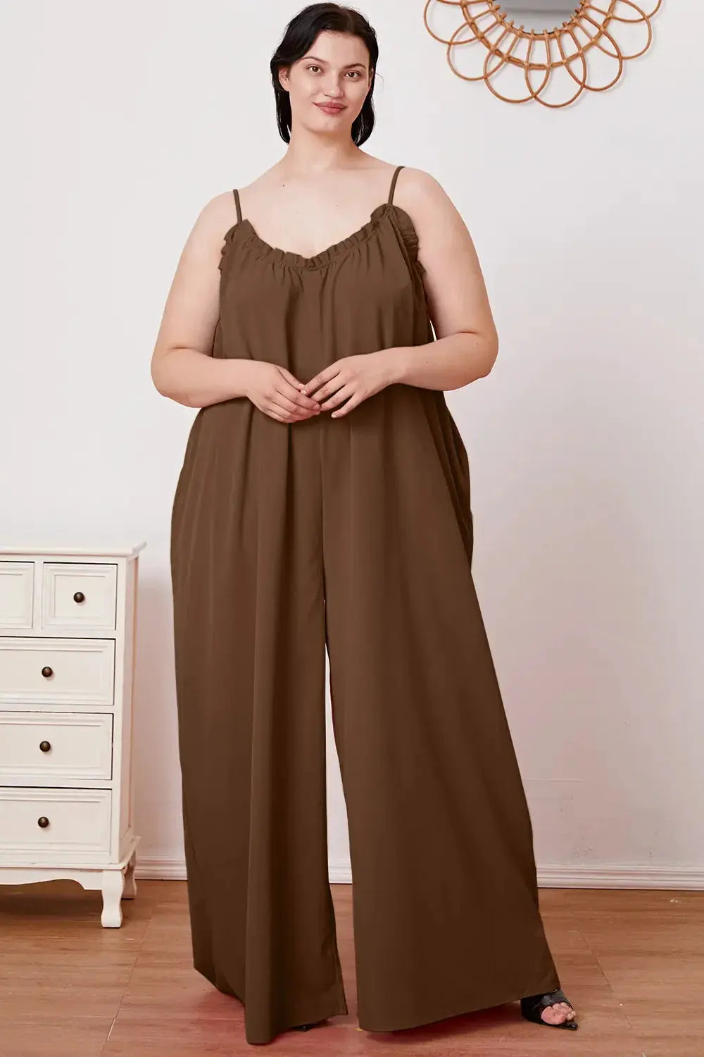 Double Take Full Size Ruffle Trim Tie Back Cami Jumpsuit with Pockets - Love Salve