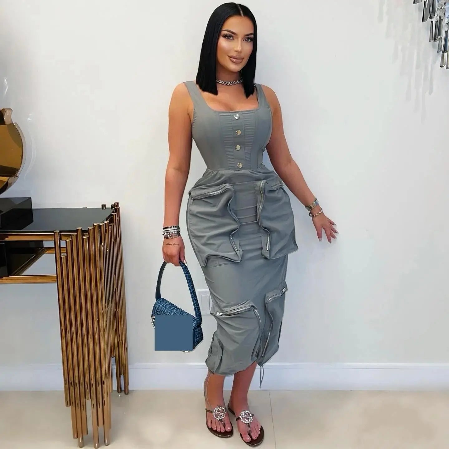 Women Elegant Sleeveless Maxi Bodycon Dress With Large Pockets And Square Neck Bella Mia