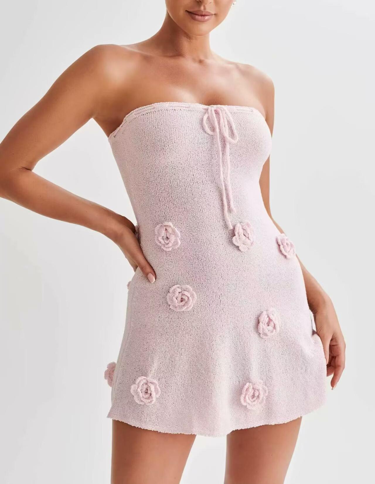 Women Clothing Spring Three Dimensional Floral Chest Lace up Knitted Tube Top Dress Bella Mia