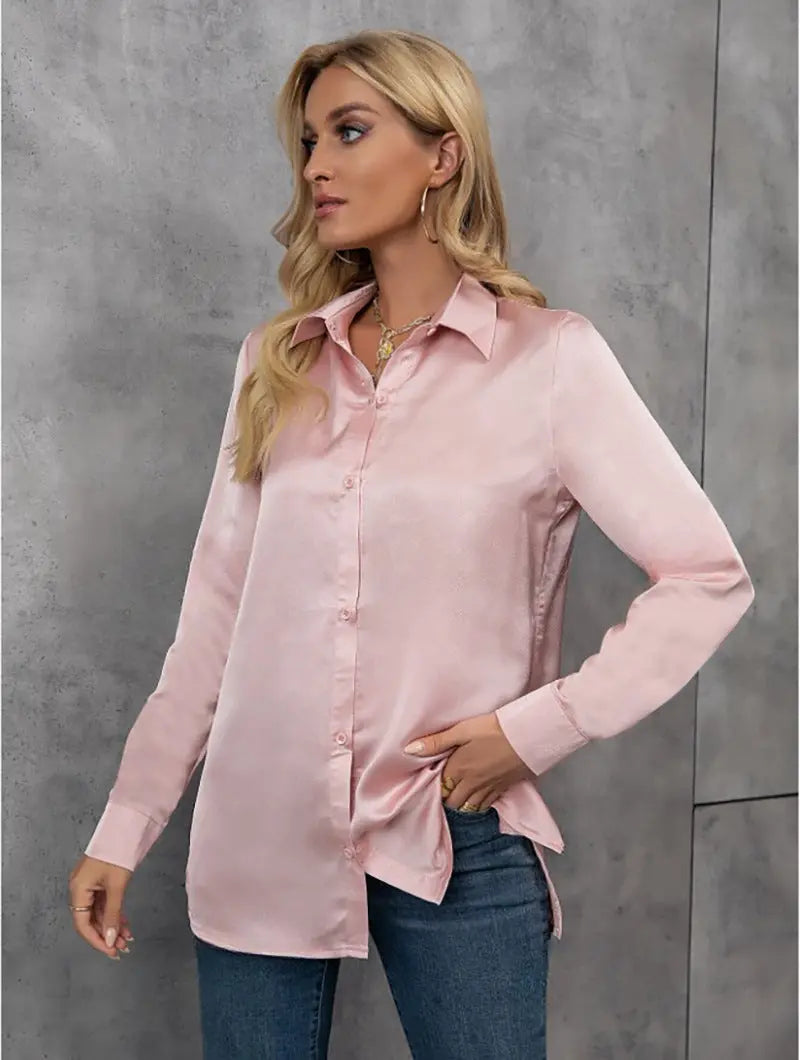 Elegant Satin Long Sleeved Shirt Spring Summer Solid Color Loose Faux Silk Shirt Long Sleeved Satin Top Bella Mia