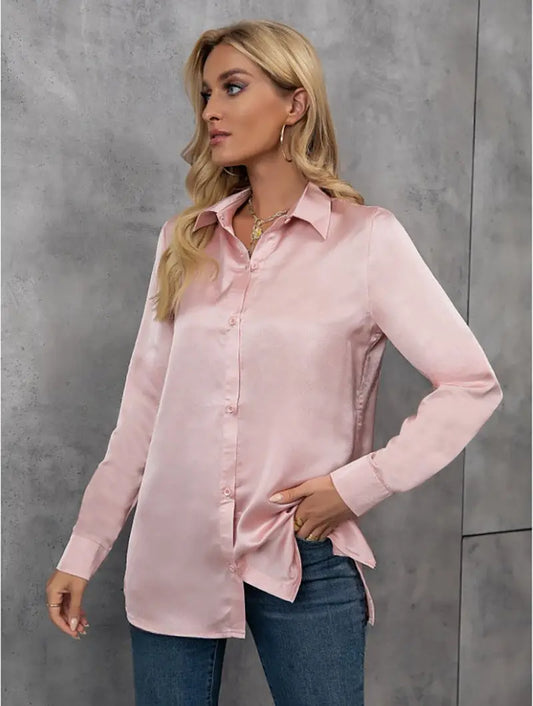 Elegant Satin Long Sleeved Shirt Spring Summer Solid Color Loose Faux Silk Shirt Long Sleeved Satin Top Bella Mia