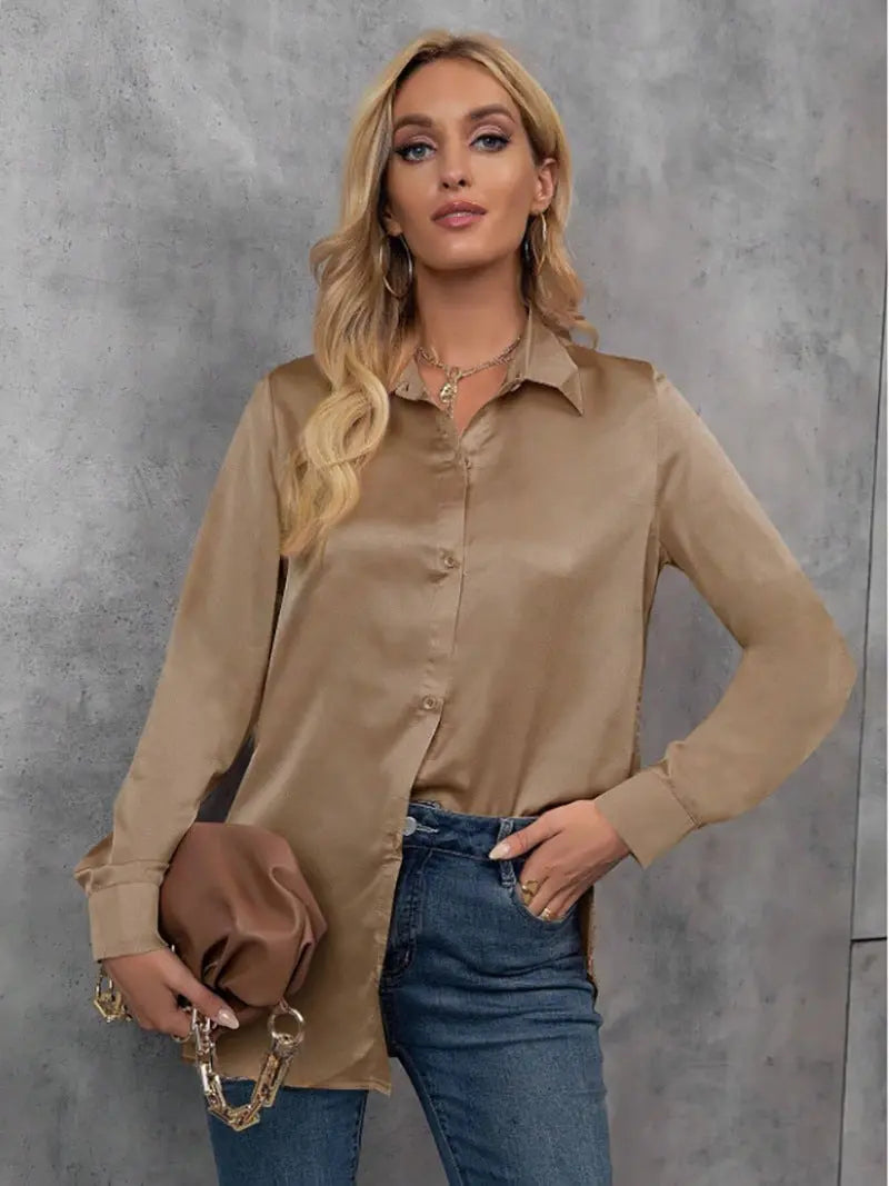 Elegant Satin Long Sleeved Shirt Spring Summer Solid Color Loose Faux Silk Shirt Long Sleeved Satin Top Bella Mia