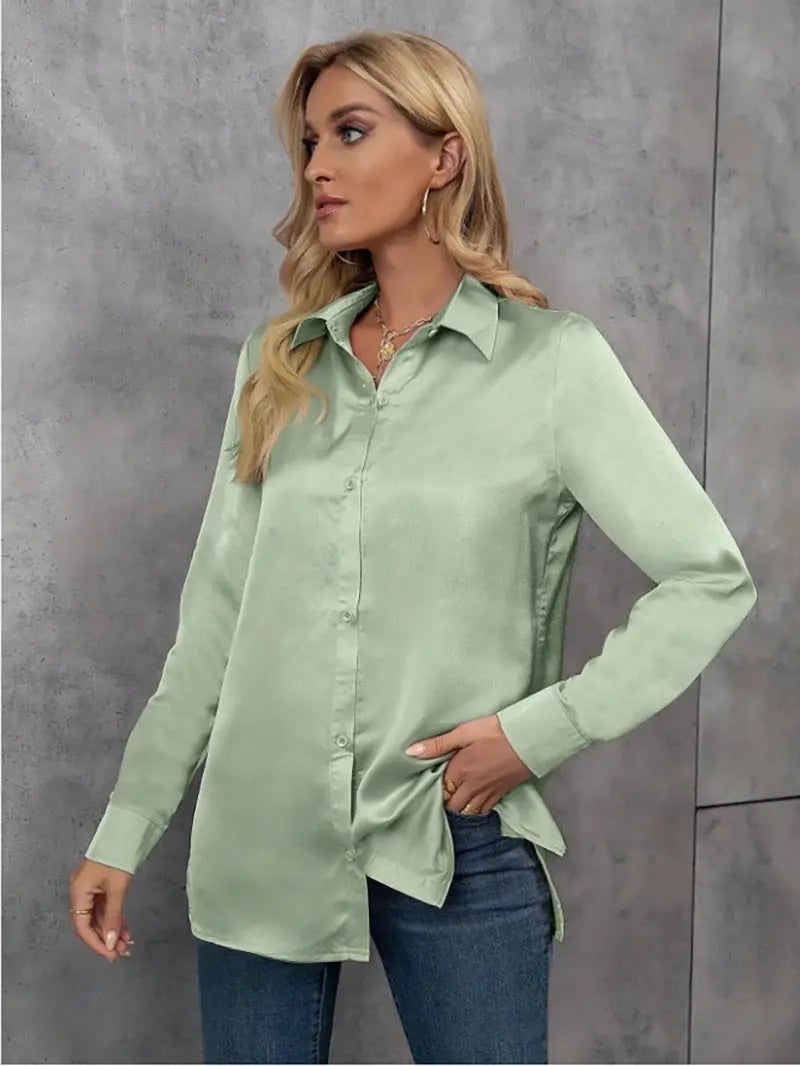 Elegant Satin Long Sleeved Shirt Spring Summer Solid Color Loose Faux Silk Shirt Long Sleeved Satin Top Bella Mia