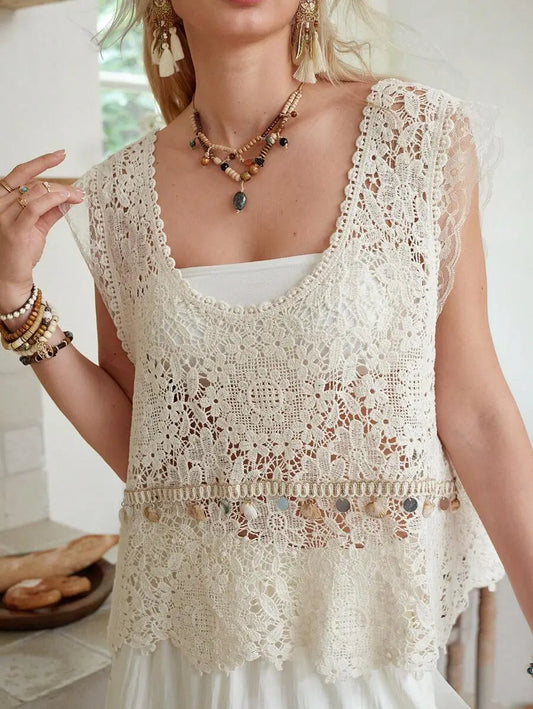 Hooked Pattern Open Work Knitted Halter Top For Large Size Outerwear To Be Worn Over It Bella Mia